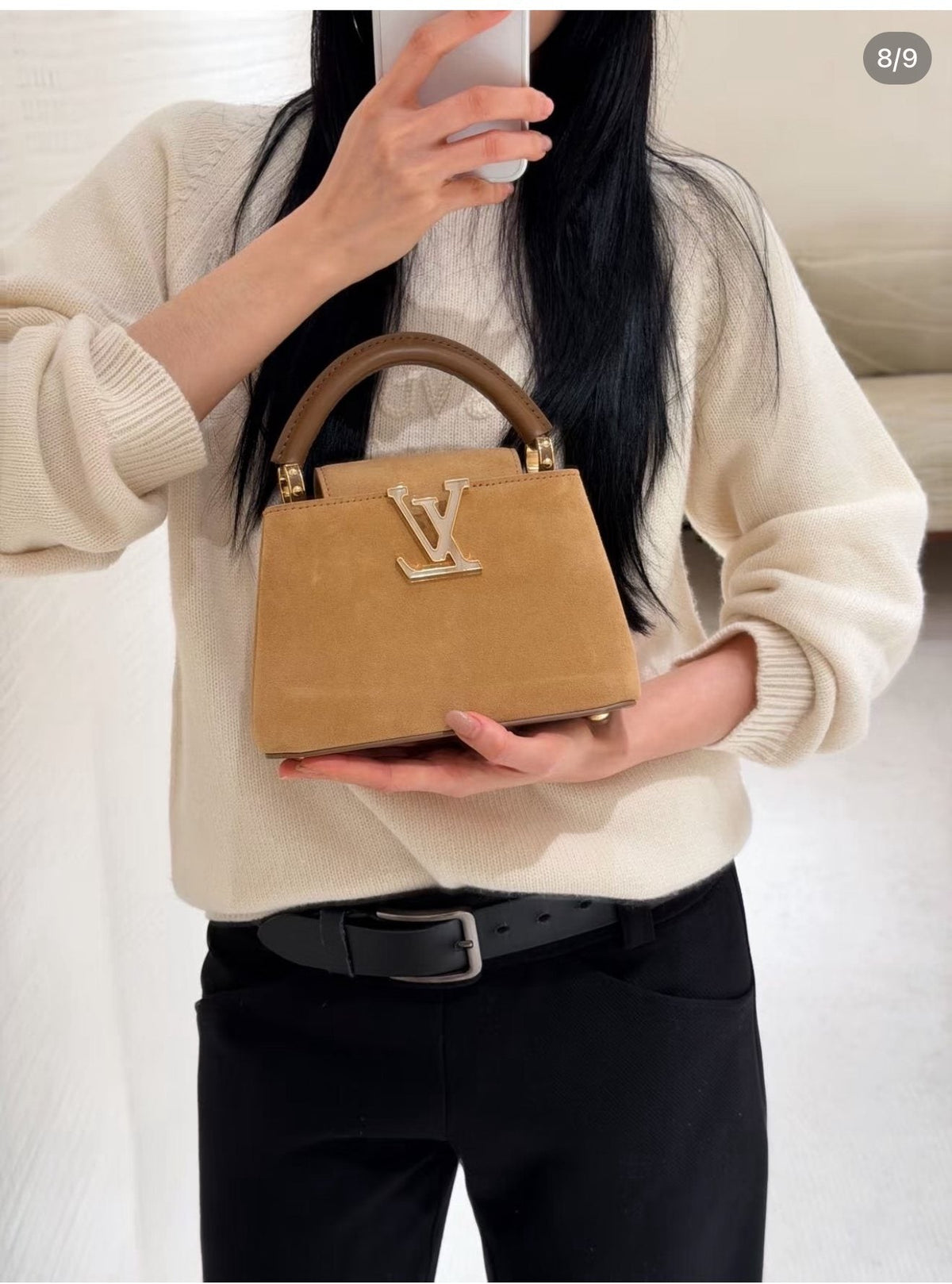 Louis Vuitton Capucines Suede-Textured Top-Handle Bag — model