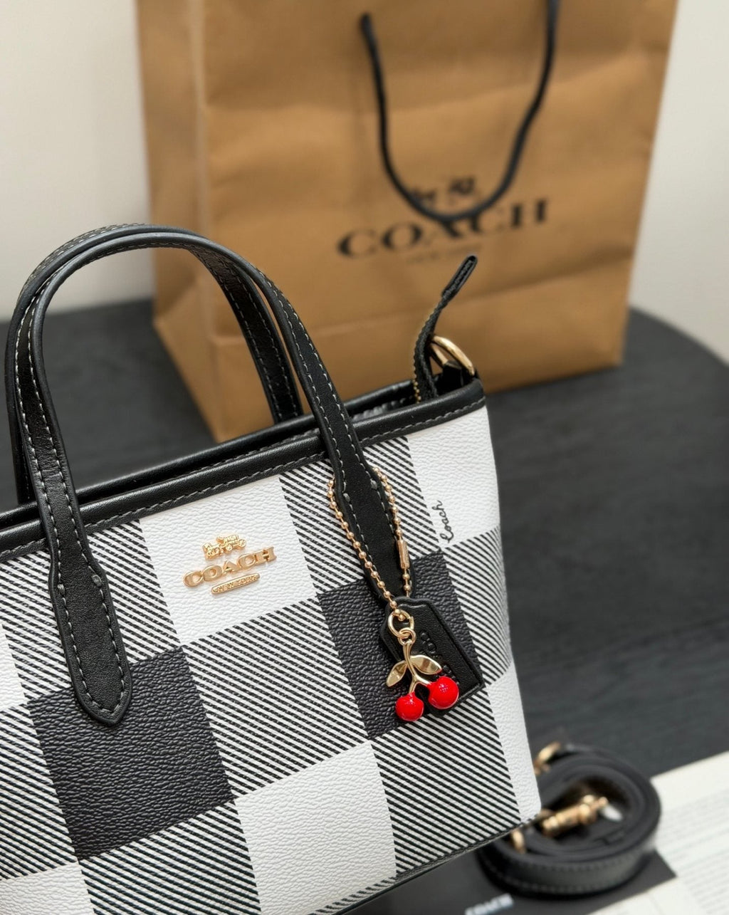 Coach City15 Check Tote with Cherry Charm — detail