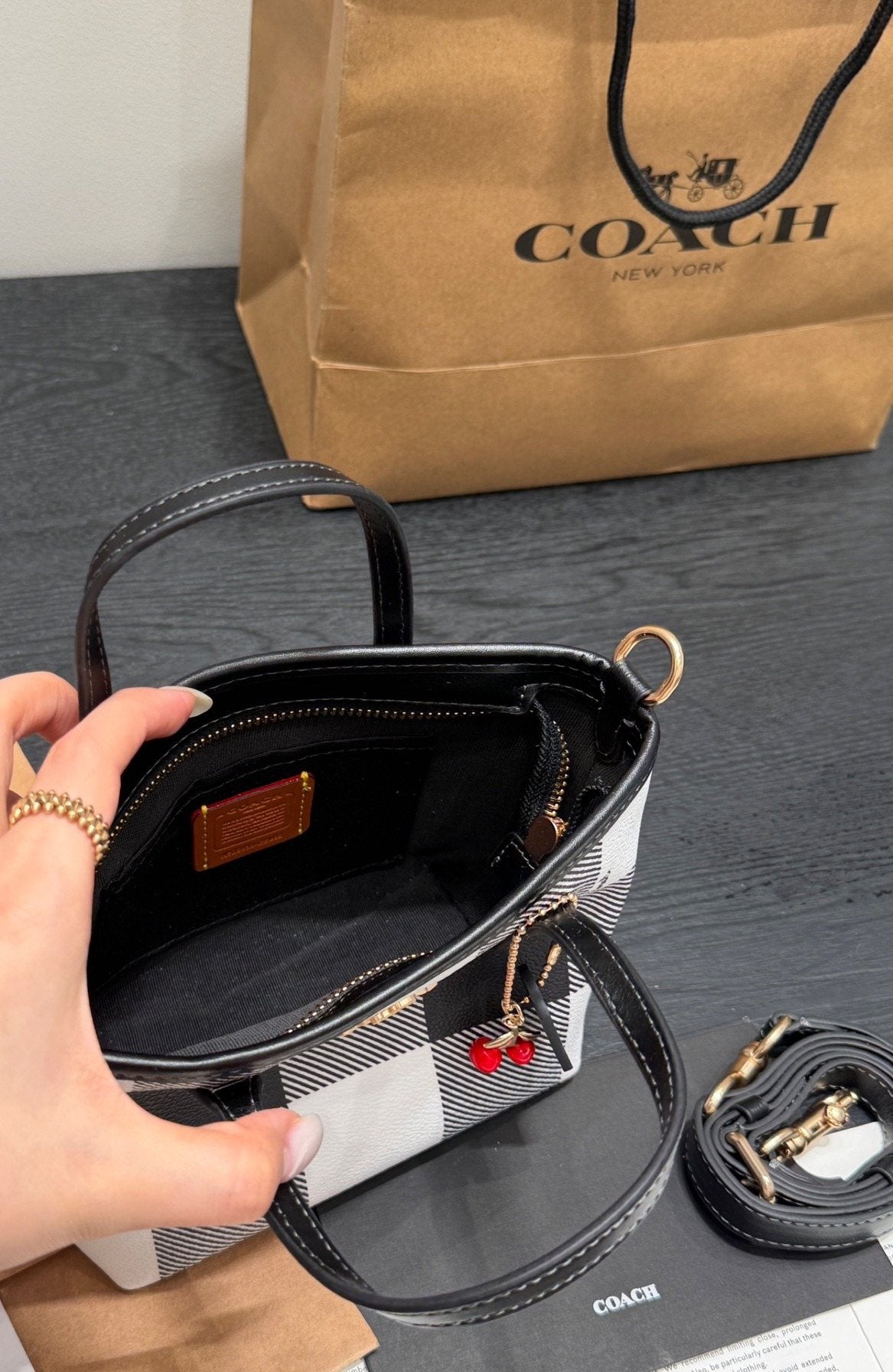 Coach City15 Check Tote with Cherry Charm — detail
