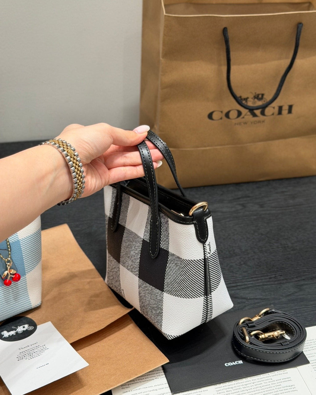 Coach City15 Check Tote with Cherry Charm — side