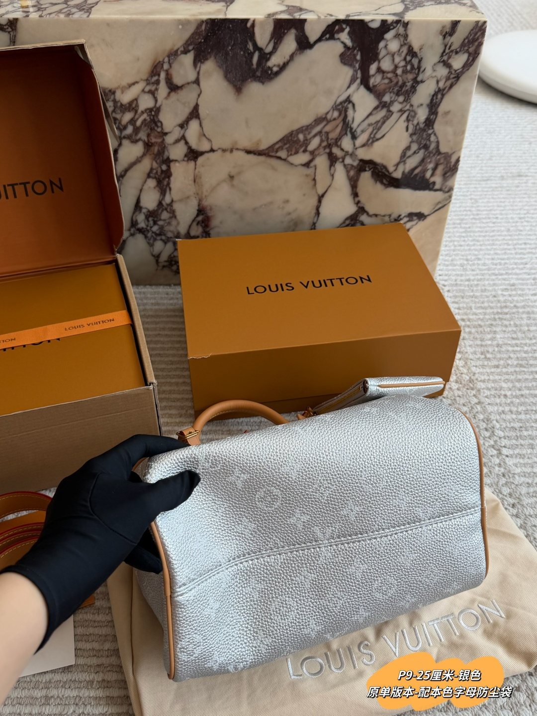 Louis Vuitton Speedy Silver Satchel with Tan Trim — detail