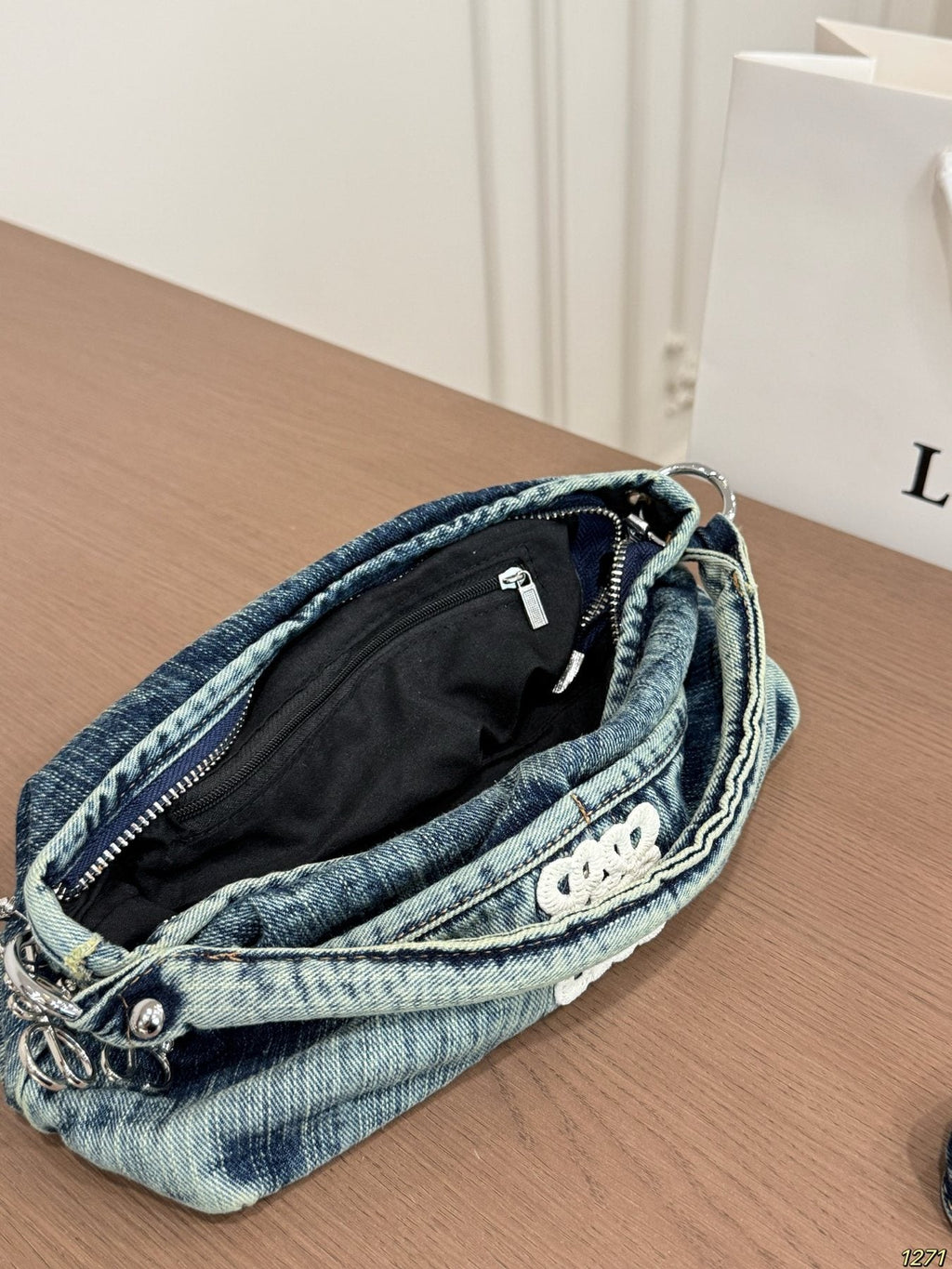 LOEWE Washed Denim Curved Shoulder Bag — detail