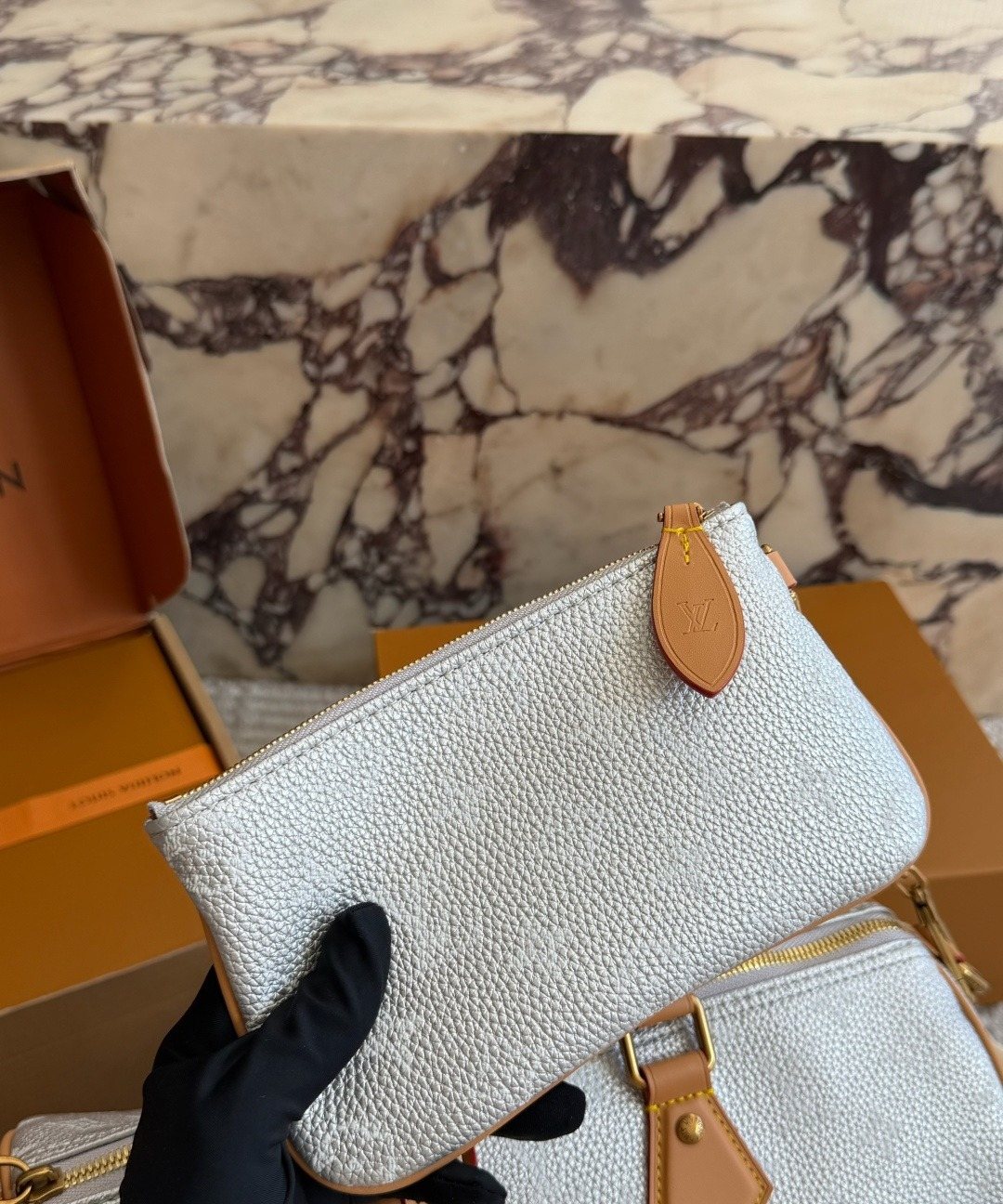 Louis Vuitton Speedy Silver Monogram Barrel Bag — detail