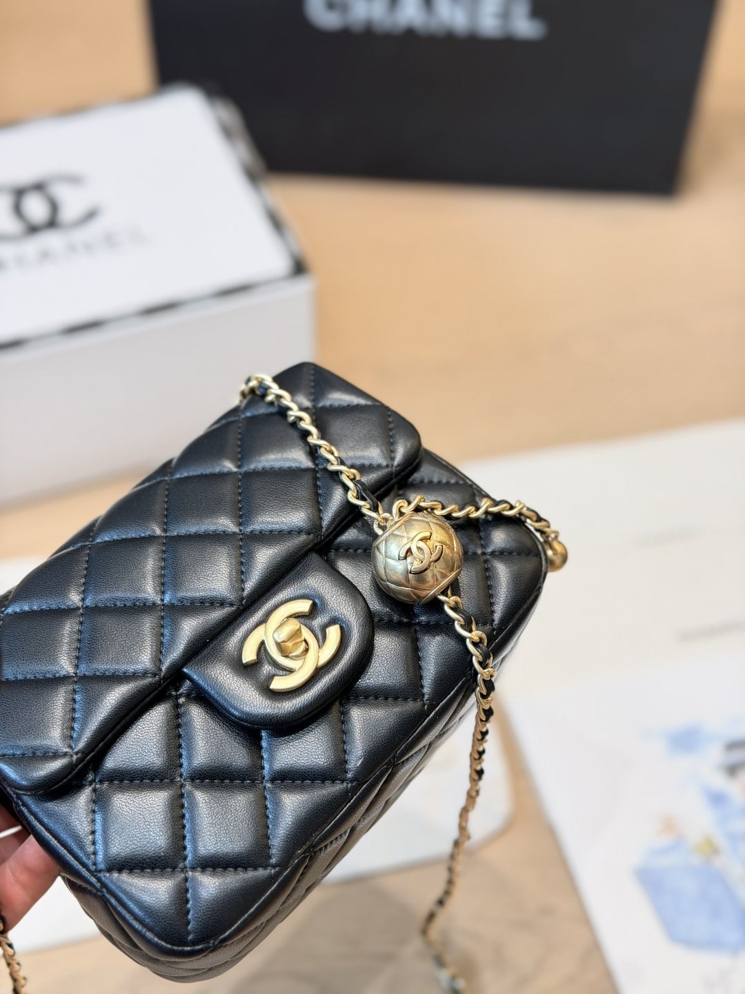 Chanel CF Quilted Flap Bag with Gold-Tone Ball Chain — detail