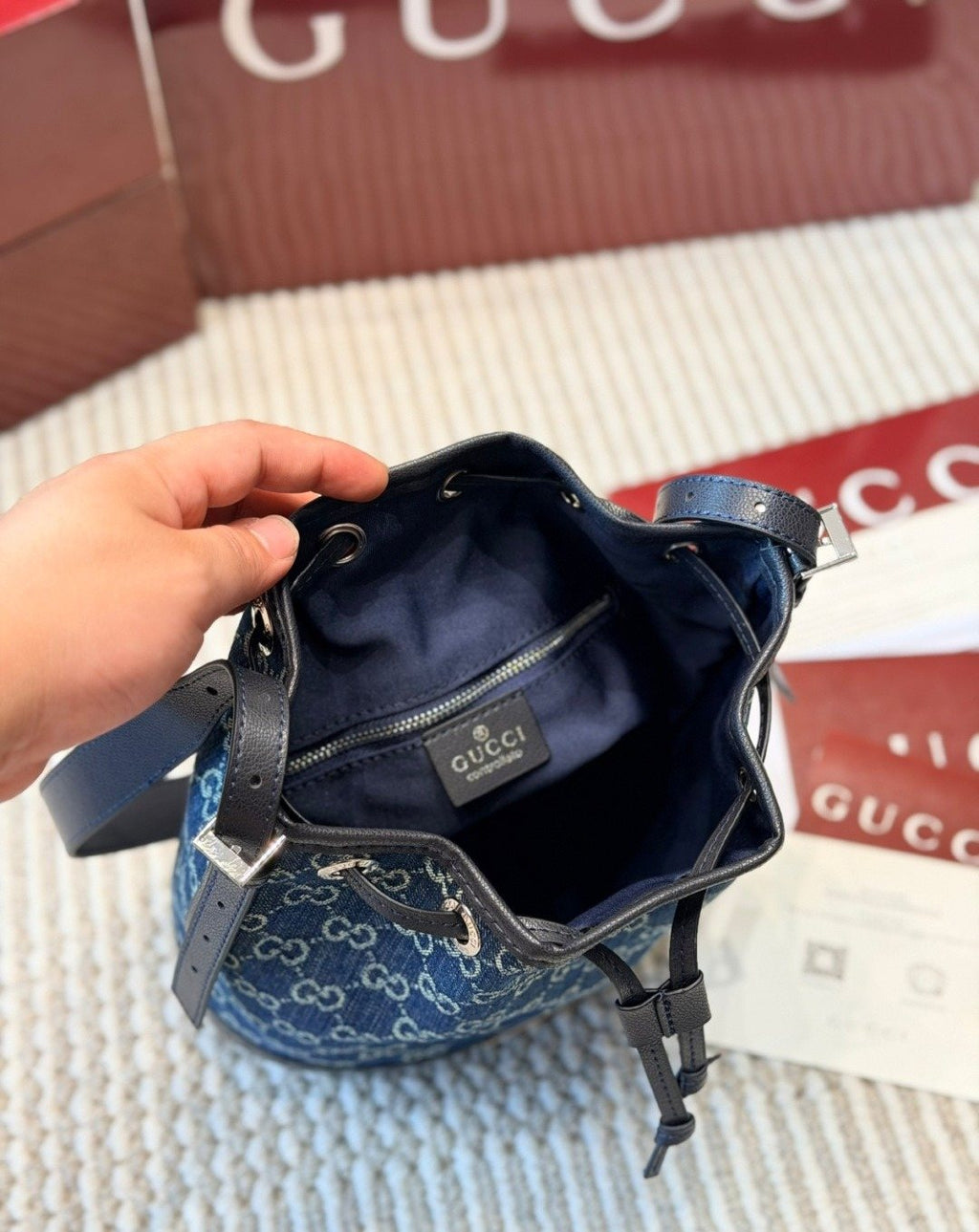 Gucci Blue GG Drawstring Bucket Bag — detail