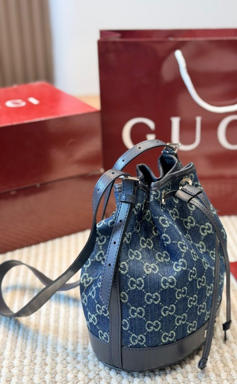 Gucci Blue GG Drawstring Bucket Bag — side