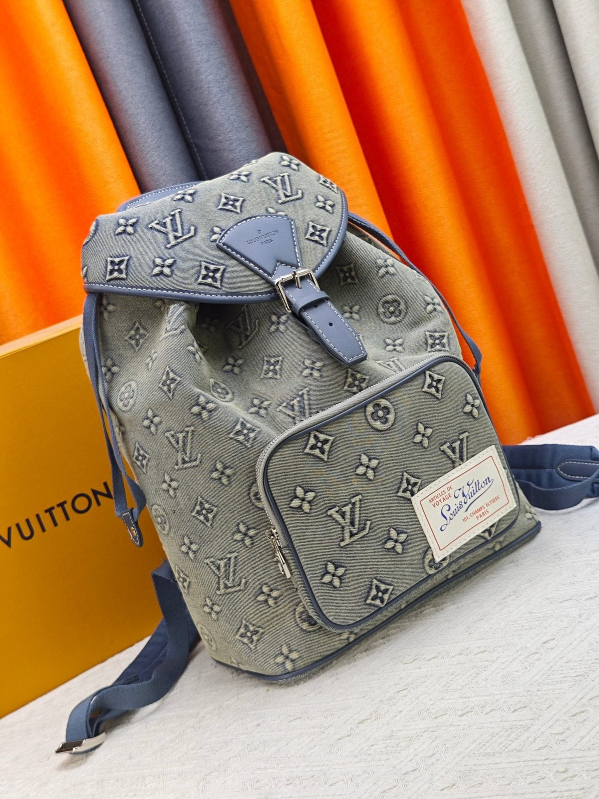 Louis Vuitton Montsouris Faded Denim Monogram Backpack — front