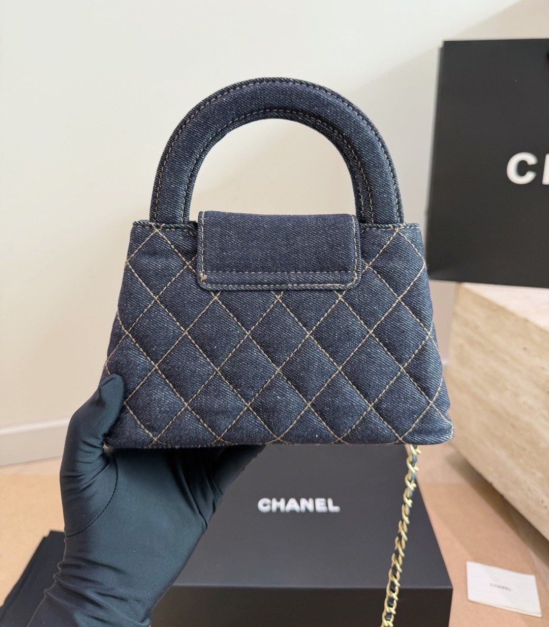 Chanel Kelly Quilted Denim Top-Handle Bag — back