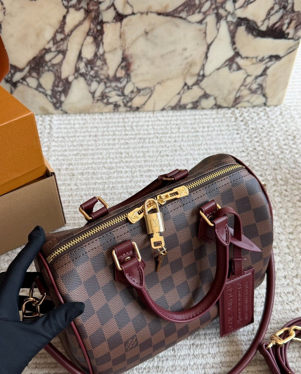 Louis Vuitton Speedy Checker Bag with Burgundy Trim — front