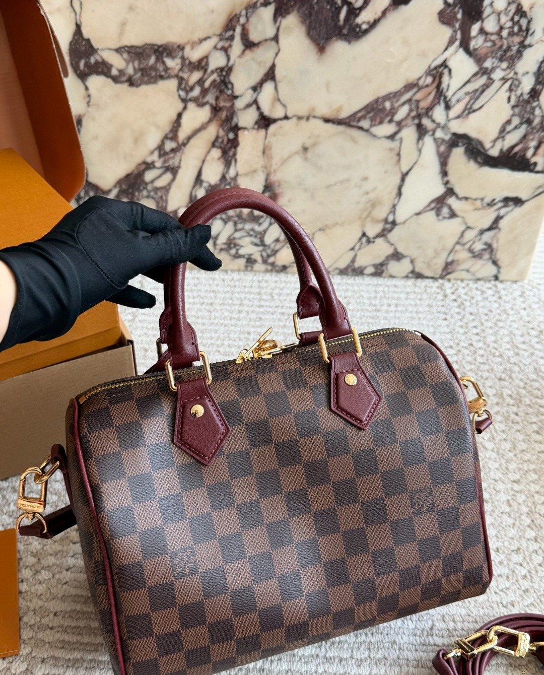 Louis Vuitton Speedy Checker Bag with Burgundy Trim — back