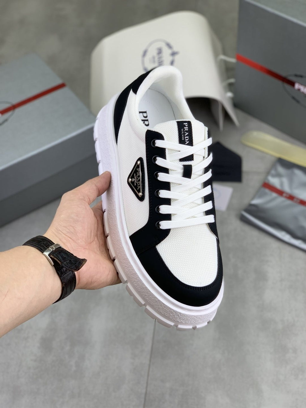 Prada Paneled Lug-Sole Sneakers — front