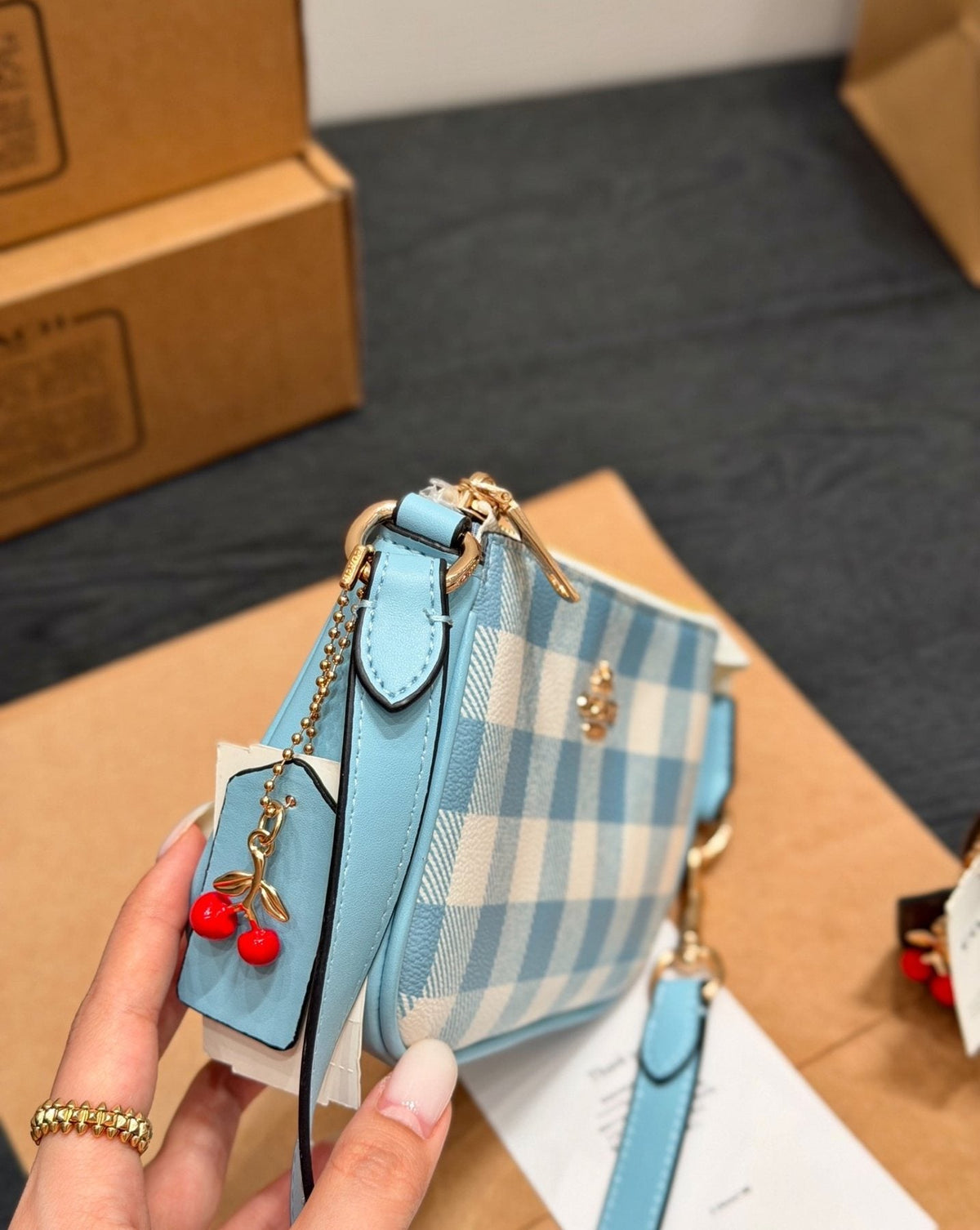 Coach Nolita 19 Check Shoulder Bag with Cherry Charm — side