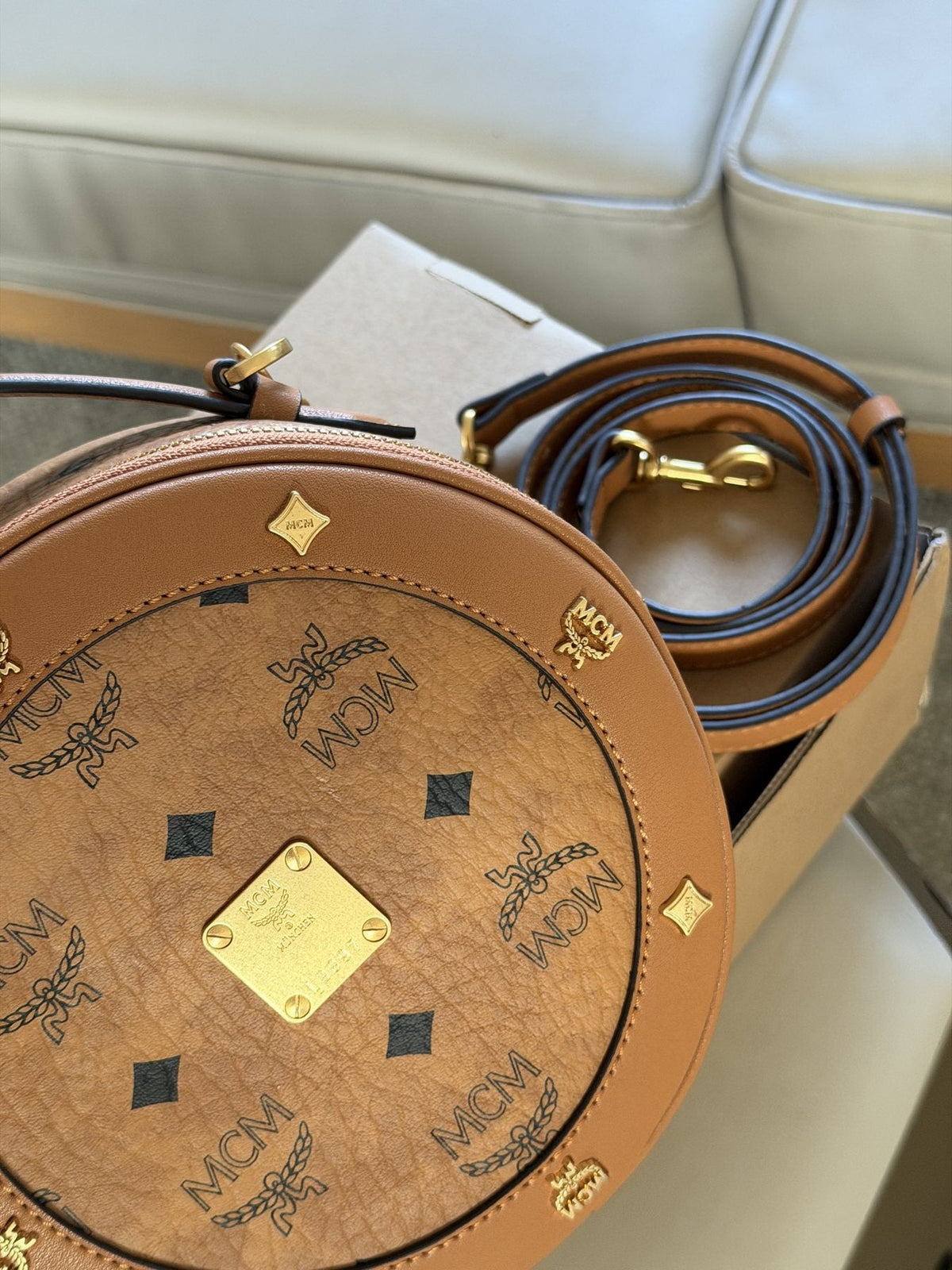MCM Studded Round Top Handle Bag — detail